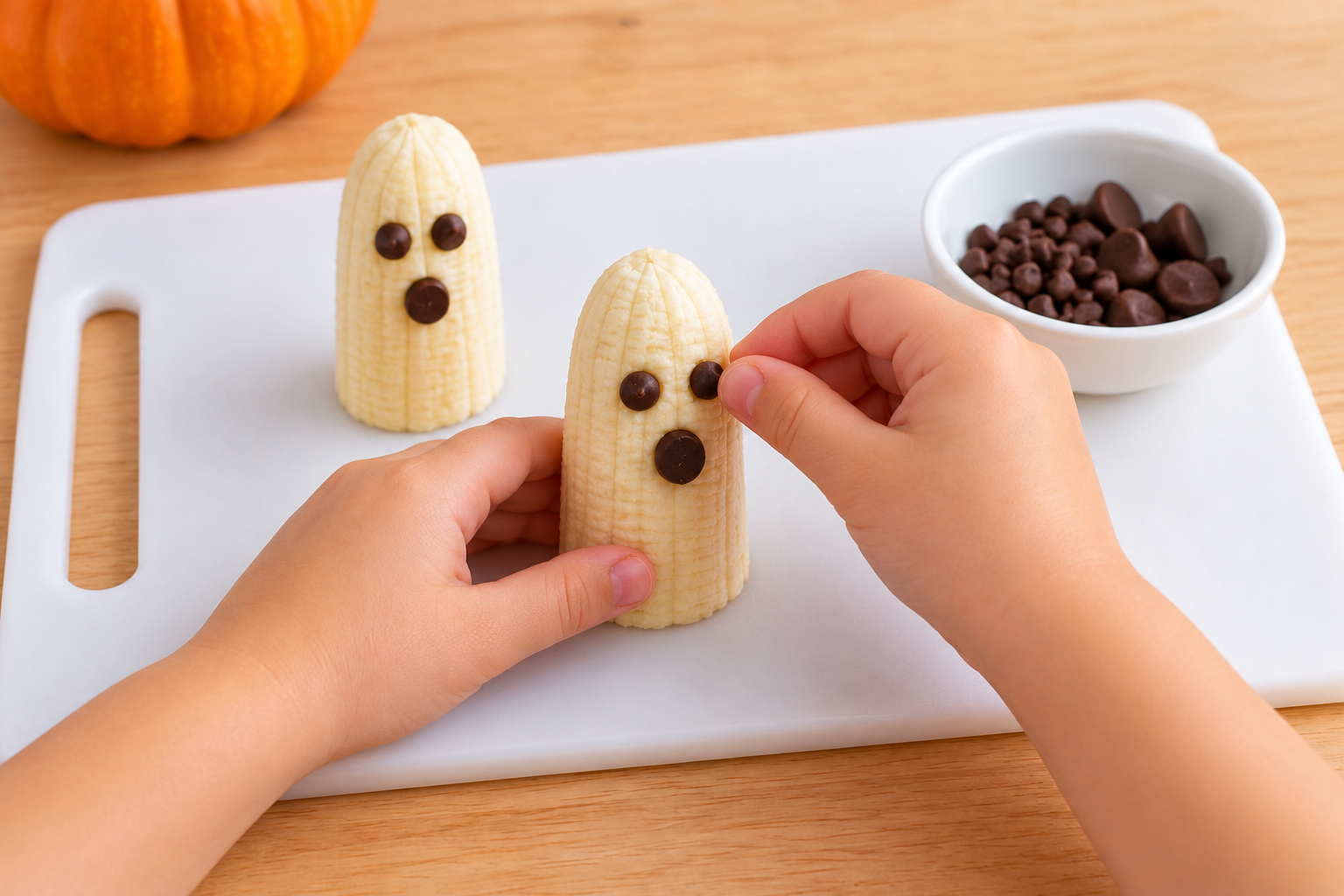Child adding chocolate chip eyes and mouths to banana ghost snacks.