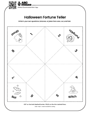 Blank Halloween cutie catcher printable for kids to create their own questions, color, cut, fold, and play