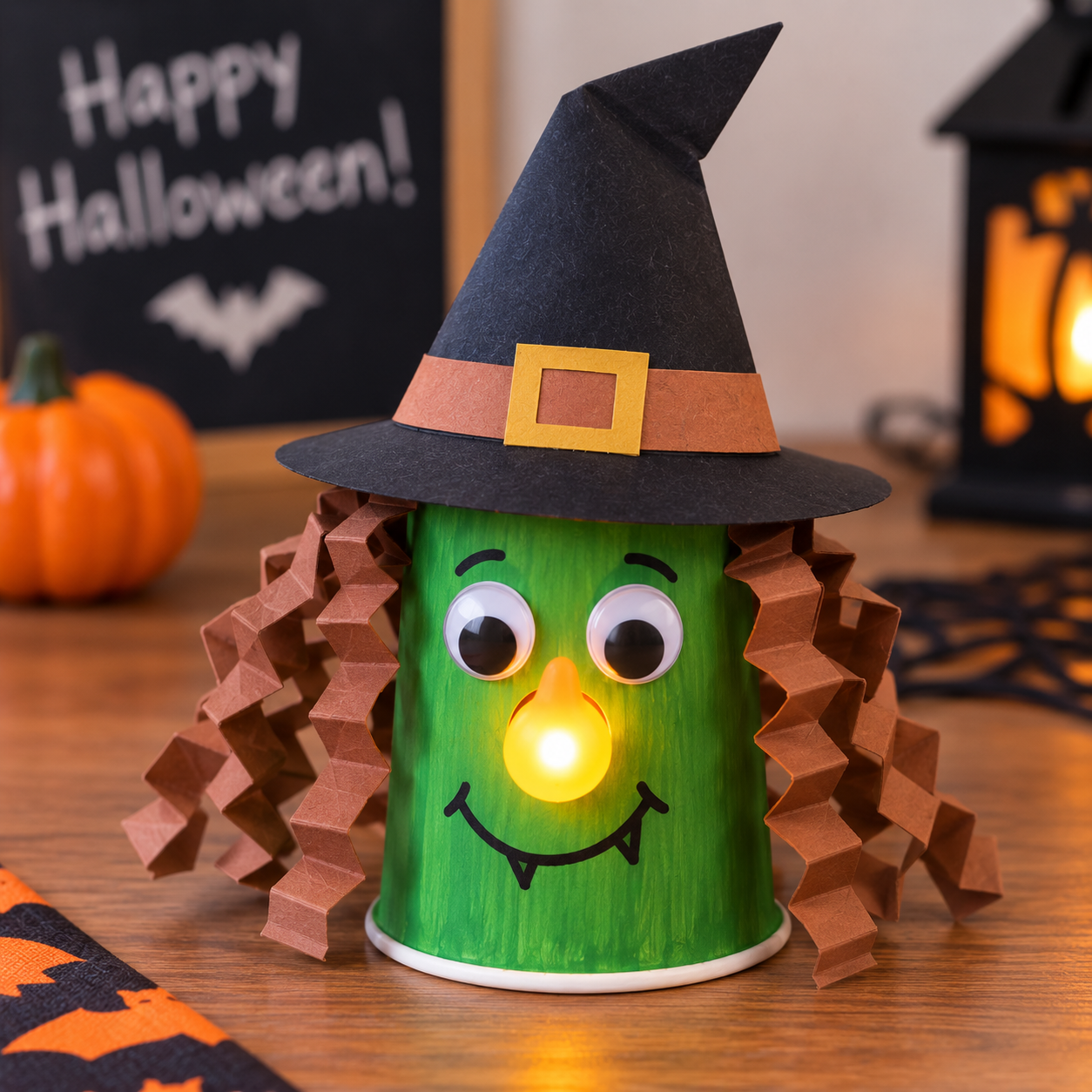 Green paper cup witch craft with googly eyes, a black witch hat, brown paper hair, and a glowing nose.