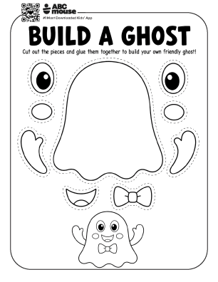 Black and white Build a Ghost printable Halloween craft with pieces for kids to color, cut out, and assemble