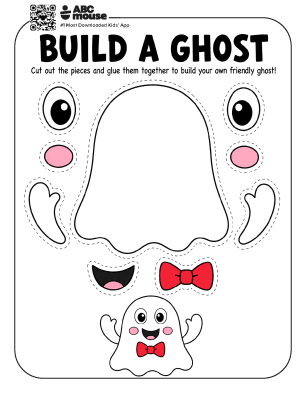 Color Build a Ghost printable Halloween craft with ghost pieces for kids to cut out and assemble