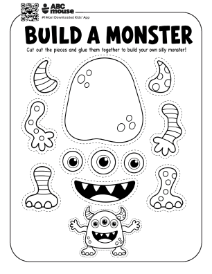 Black and white Build a Monster printable Halloween craft with monster pieces for kids to color, cut out, and assemble