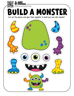 Build a monster printable craft for kids with colorful cut-out monster body parts, eyes, mouth, arms, legs, and horns.