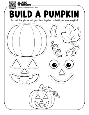 Black and white Build a Pumpkin printable Halloween craft with pumpkin pieces for kids to color, cut out, and assemble