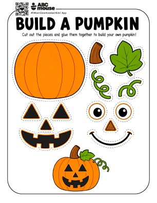 Color Build a Pumpkin printable Halloween craft with colorful pumpkin pieces for kids to cut out and assemble