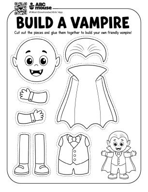 Black and white Build a Vampire printable Halloween craft with vampire pieces for kids to color, cut out, and assemble