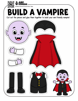 Color Build a Vampire printable Halloween craft with vampire pieces for kids to cut out and assemble