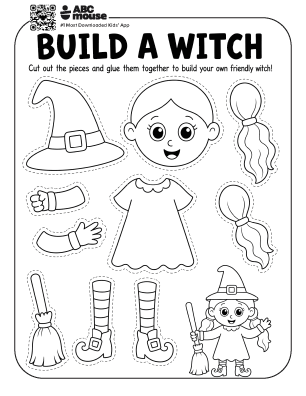 Black and white Build a Witch printable Halloween craft with witch pieces for kids to color, cut out, and assemble