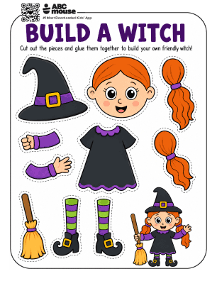 Color Build a Witch printable Halloween craft with colorful witch pieces for kids to cut out and assemble