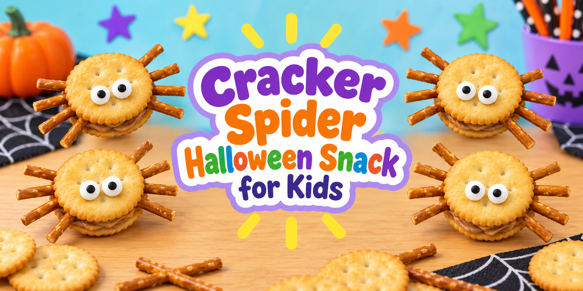 Cracker spider Halloween snack craft for kids made with crackers, pretzels, and candy eyes.