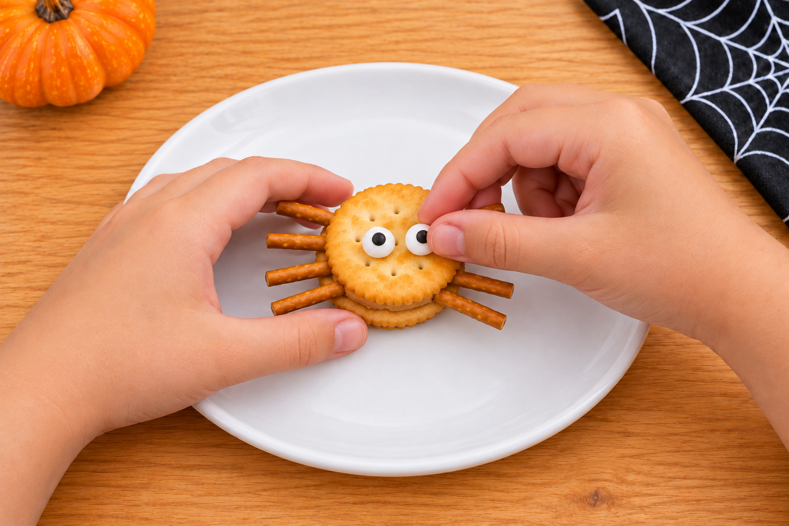 Child adding candy eyes to a cracker spider Halloween snack.