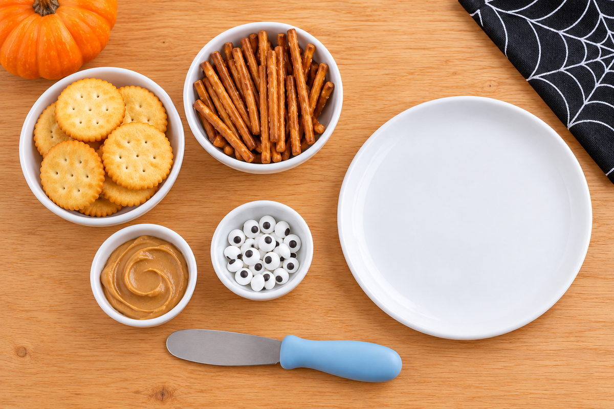 Supplies for cracker spider Halloween snacks, including crackers, pretzel sticks, candy eyes, and peanut butter.