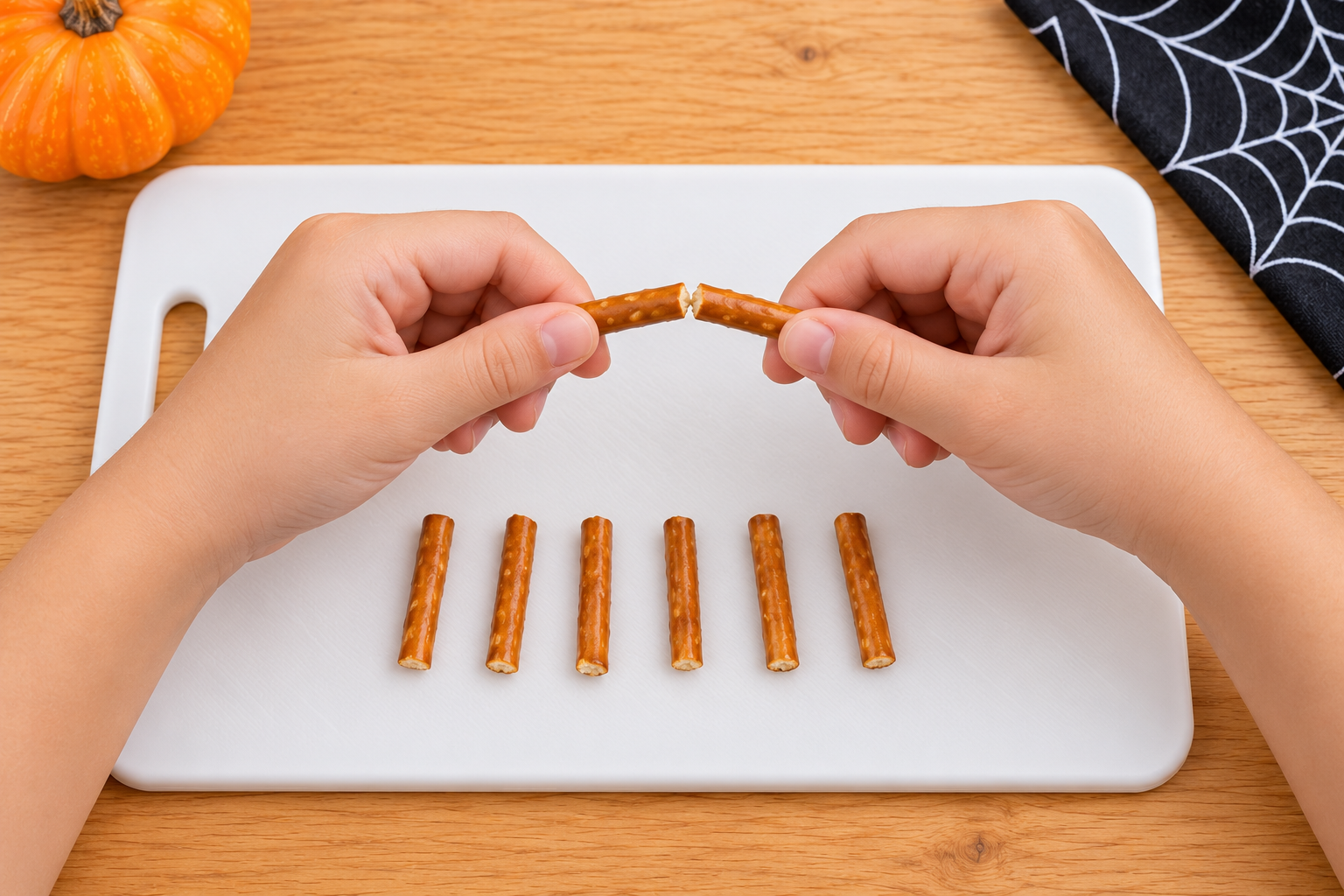 Child breaking pretzel sticks into smaller pieces for cracker spider legs.