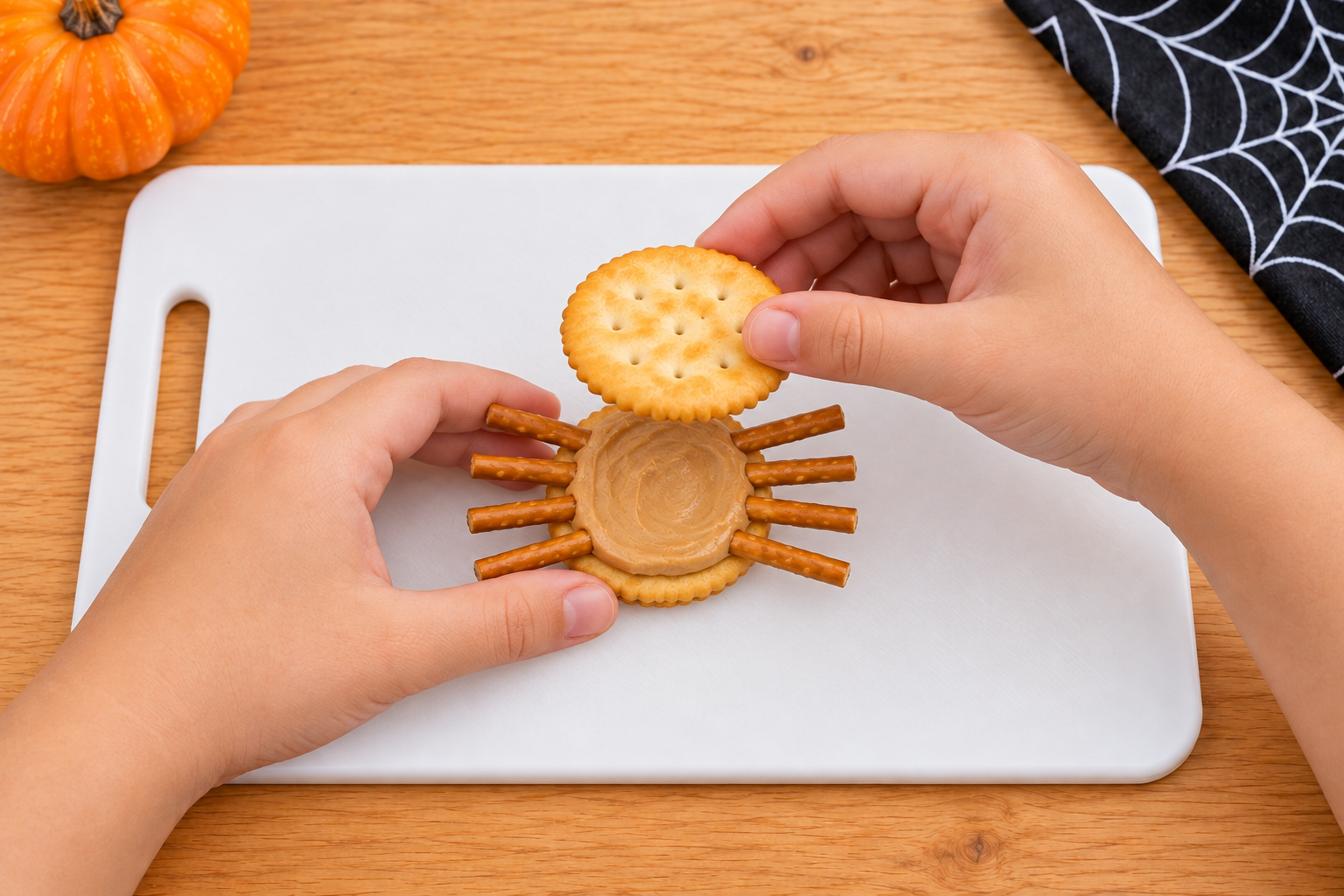 Child placing a cracker on top of pretzel sticks to make a Halloween spider snack.
