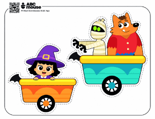 Color Halloween Train printable craft with witch train car pieces for kids to cut out and assemble