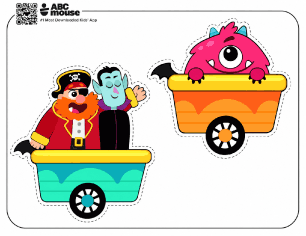 Color Halloween Train printable craft with monster train car pieces for kids to cut out and assemble