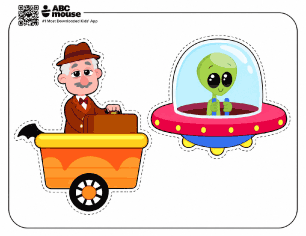 Color Halloween Train printable craft with alien train car pieces for kids to cut out and assemble