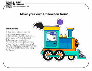 Color Halloween Train printable craft with train engine pieces for kids to cut out and assemble