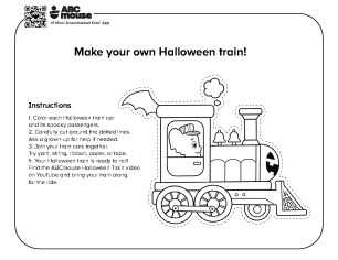Black and white Halloween Train printable craft with train engine pieces for kids to color, cut out, and assemble