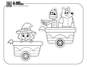 Black and white Halloween Train printable craft with witch train car pieces for kids to color, cut out, and assemble