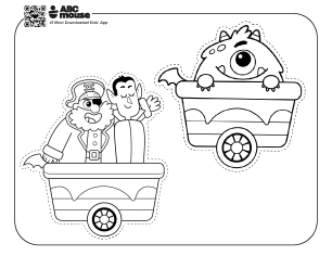 Black and white Halloween Train printable craft with monster train car pieces for kids to color, cut out, and assemble