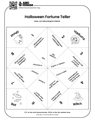 Black and white Halloween trivia cutie catcher printable for kids to color, cut, fold, and play