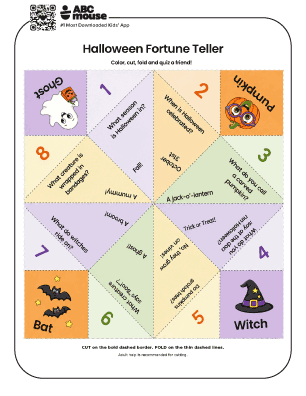Color Halloween trivia cutie catcher printable with Halloween questions and festive characters for kids to cut, fold, and play