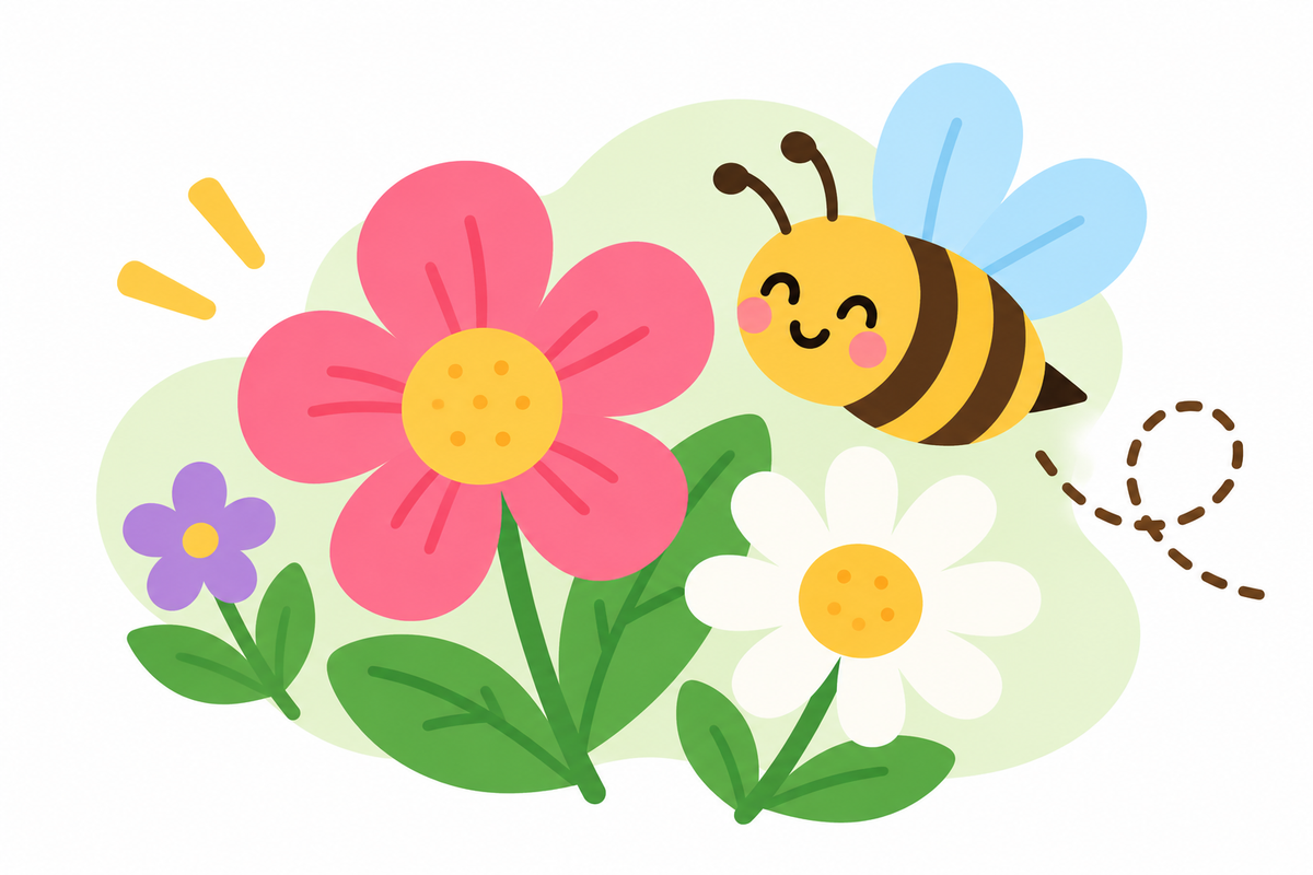Cute spring flowers and bees.
