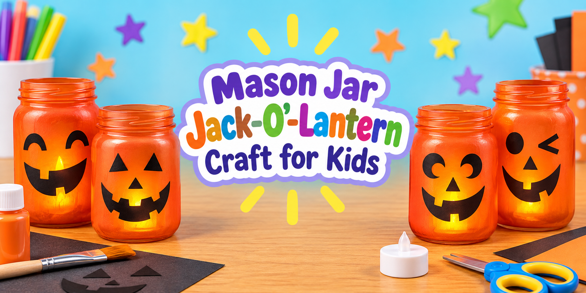 Orange mason jar jack-o’-lantern Halloween craft for kids.