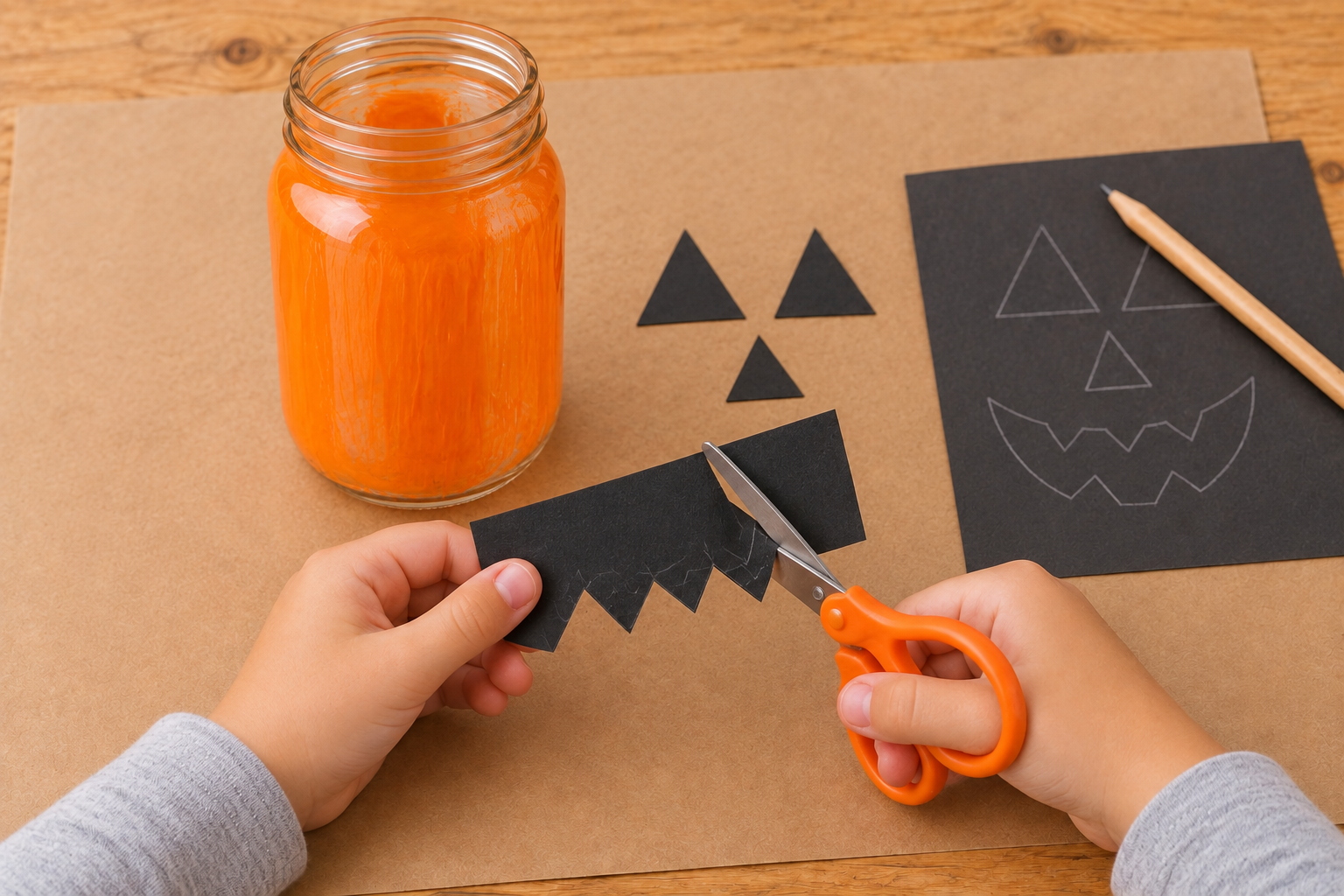 Child cutting black paper shapes for a pumpkin mason jar jack-o’-lantern face.