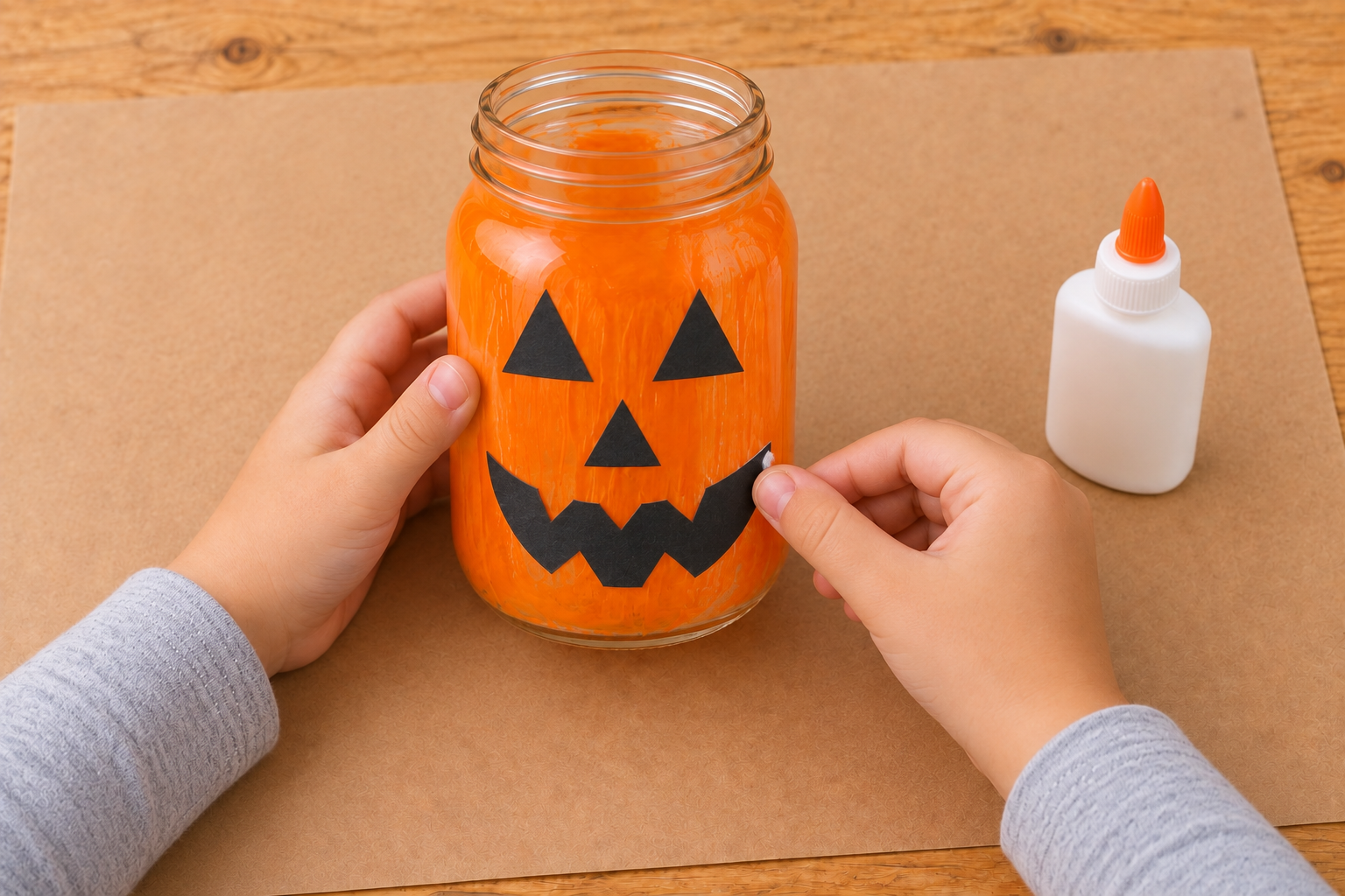 Child gluing a black jack-o’-lantern face onto an orange mason jar.