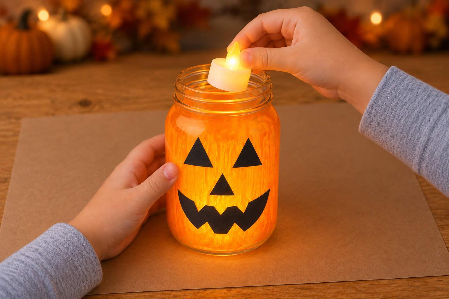 Child placing a battery-operated tea light inside a pumpkin mason jar.
