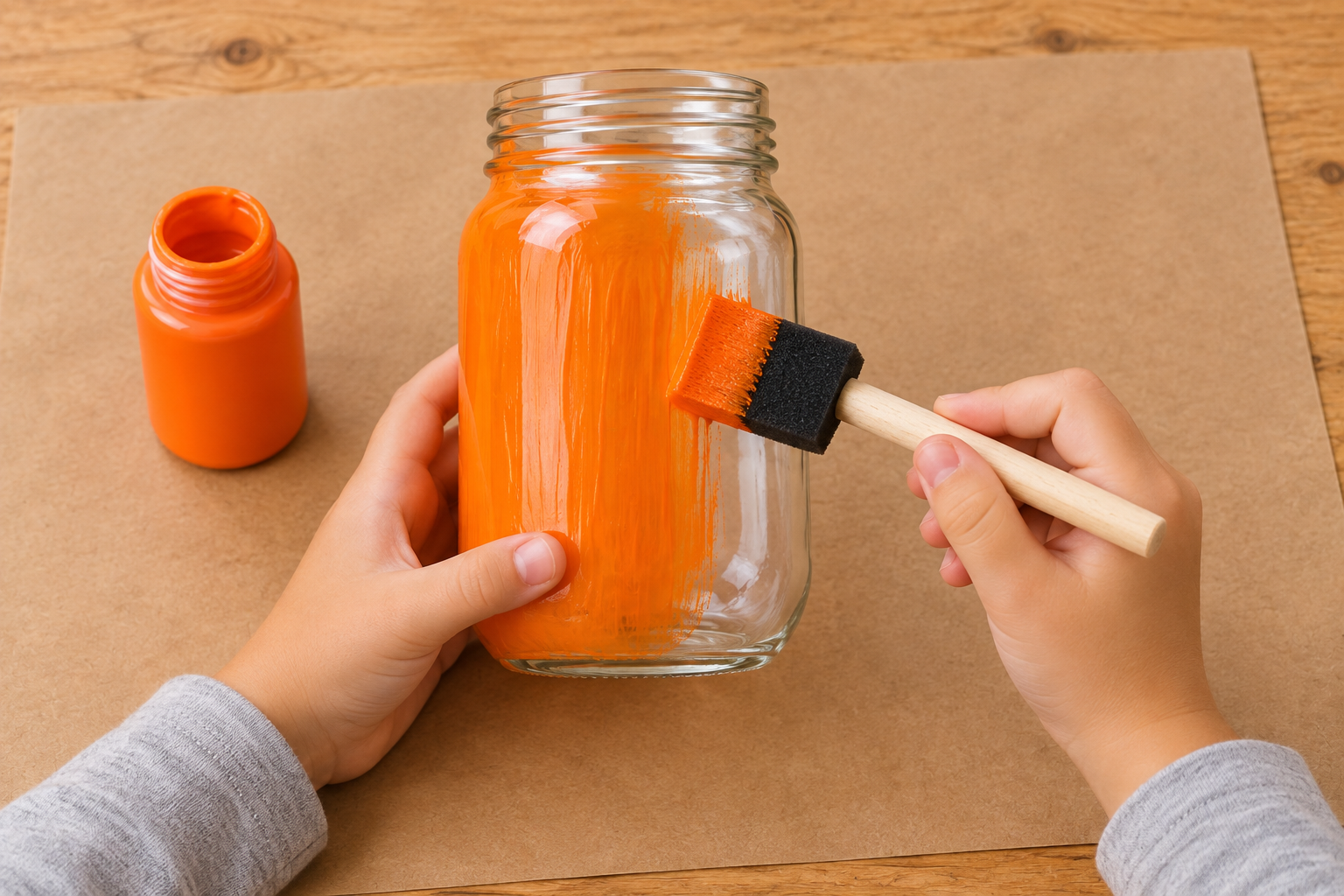 Child painting a glass mason jar orange for a Halloween pumpkin craft.