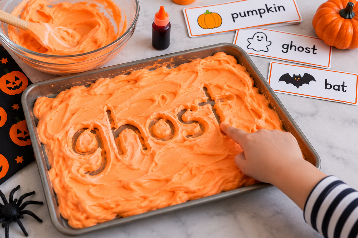 Child tracing the word “ghost” in orange sensory foam with Halloween word cards nearby.