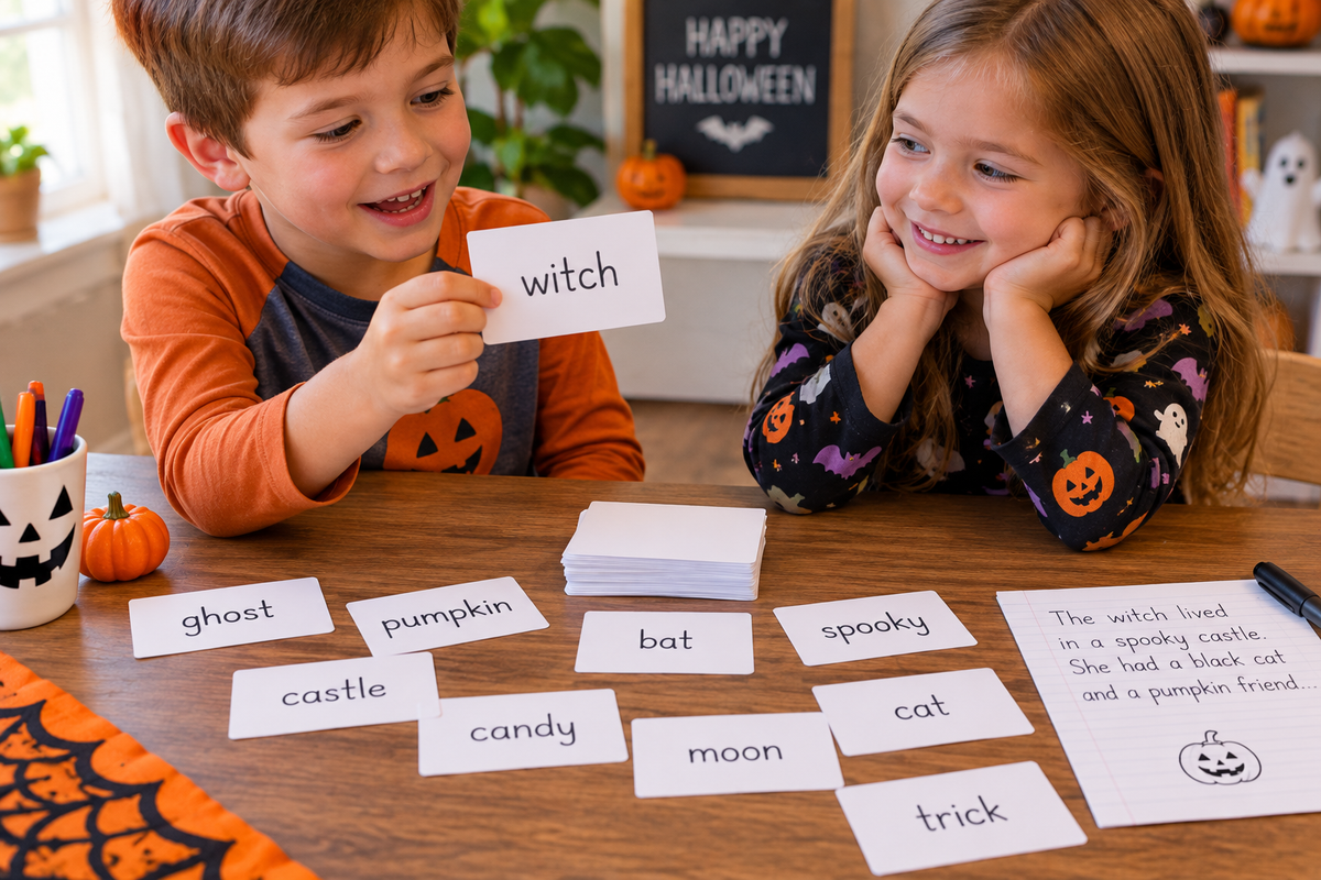 Two children playing a Halloween word guessing game with word cards spread across a table.