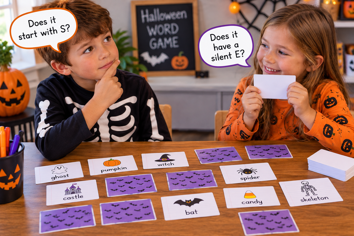 Two children playing a Halloween mystery word game using illustrated word cards and question prompts.