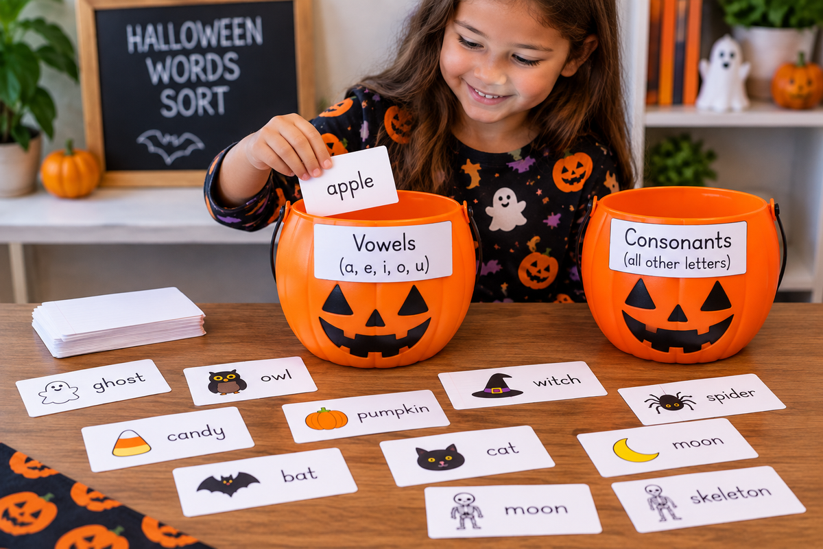 Child sorting Halloween word cards into pumpkin pails labeled “Vowels” and “Consonants.