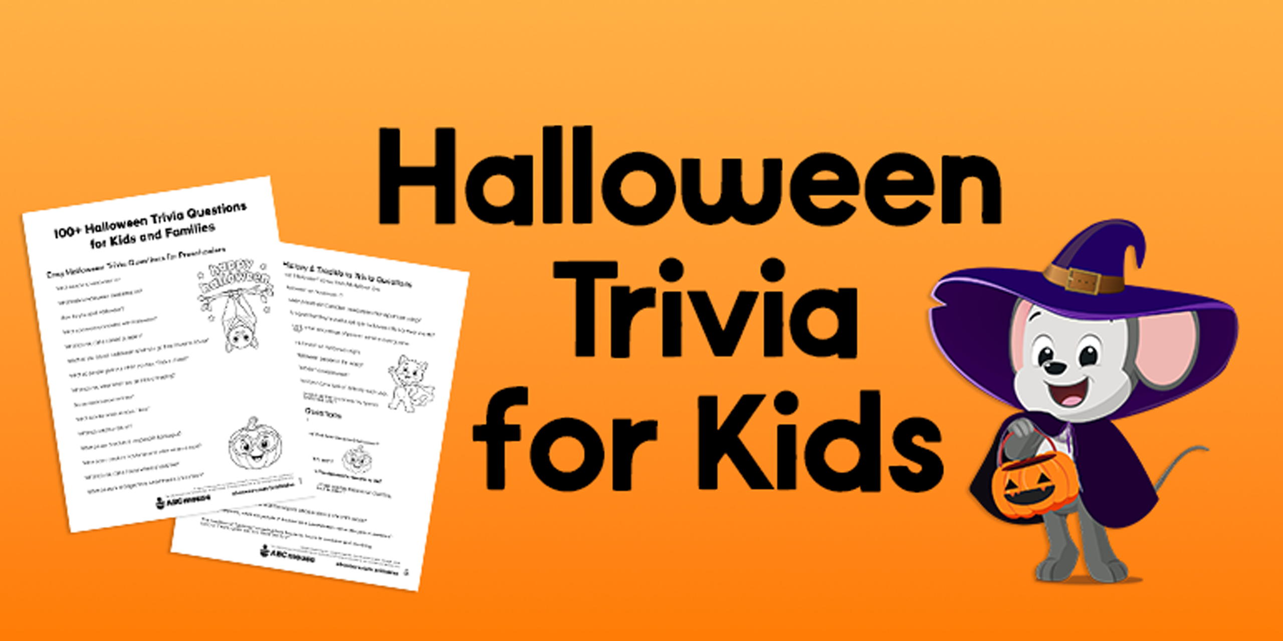 Halloween trivia for kids with printable trivia worksheets and a mouse dressed as a witch.