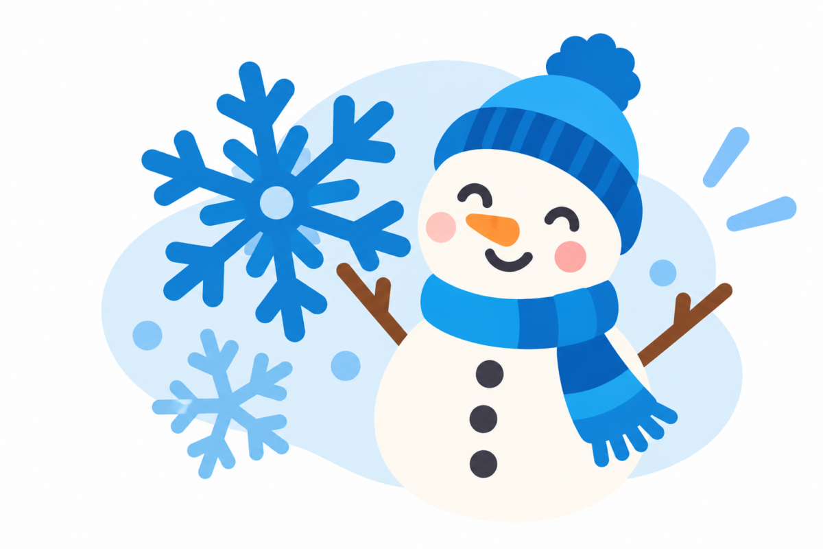 Cute blue and white snowman and snowflake.