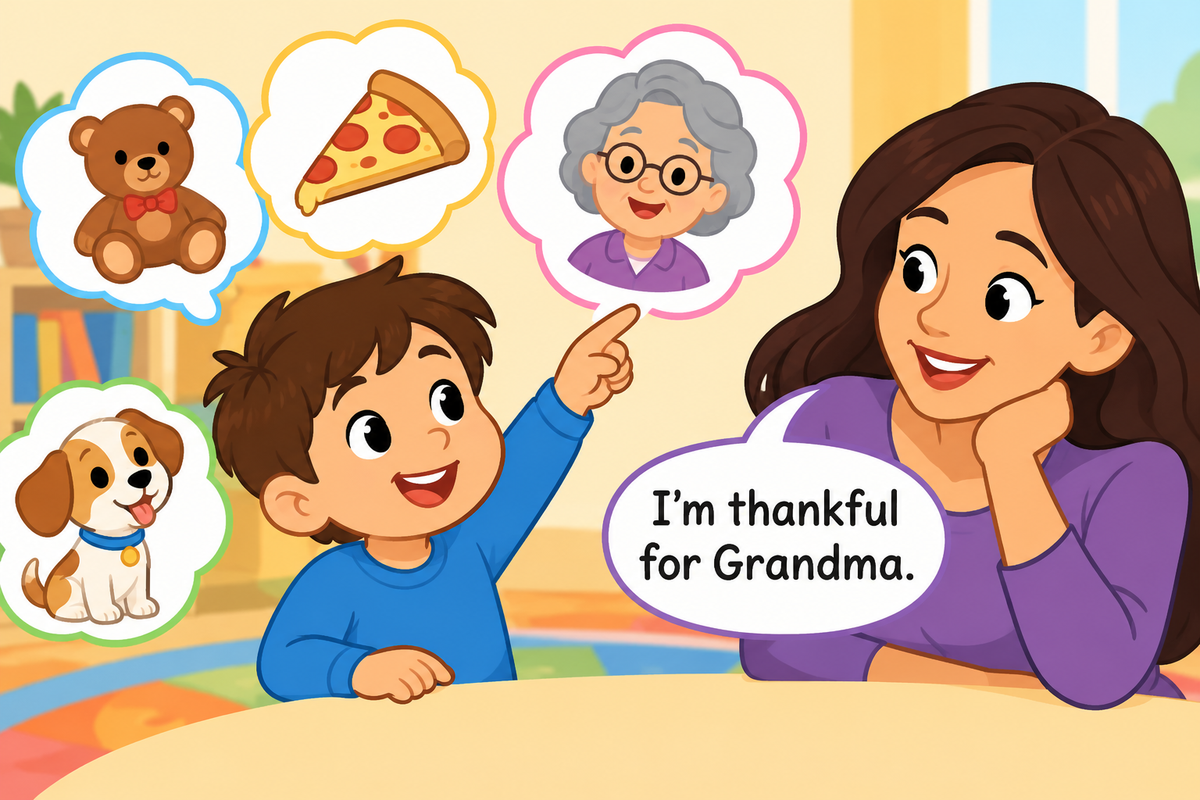 Cartoon illustration of a child pointing to pictures of favorite things, including a teddy bear, pizza, dog, and grandma, while talking with an adult about gratitude.