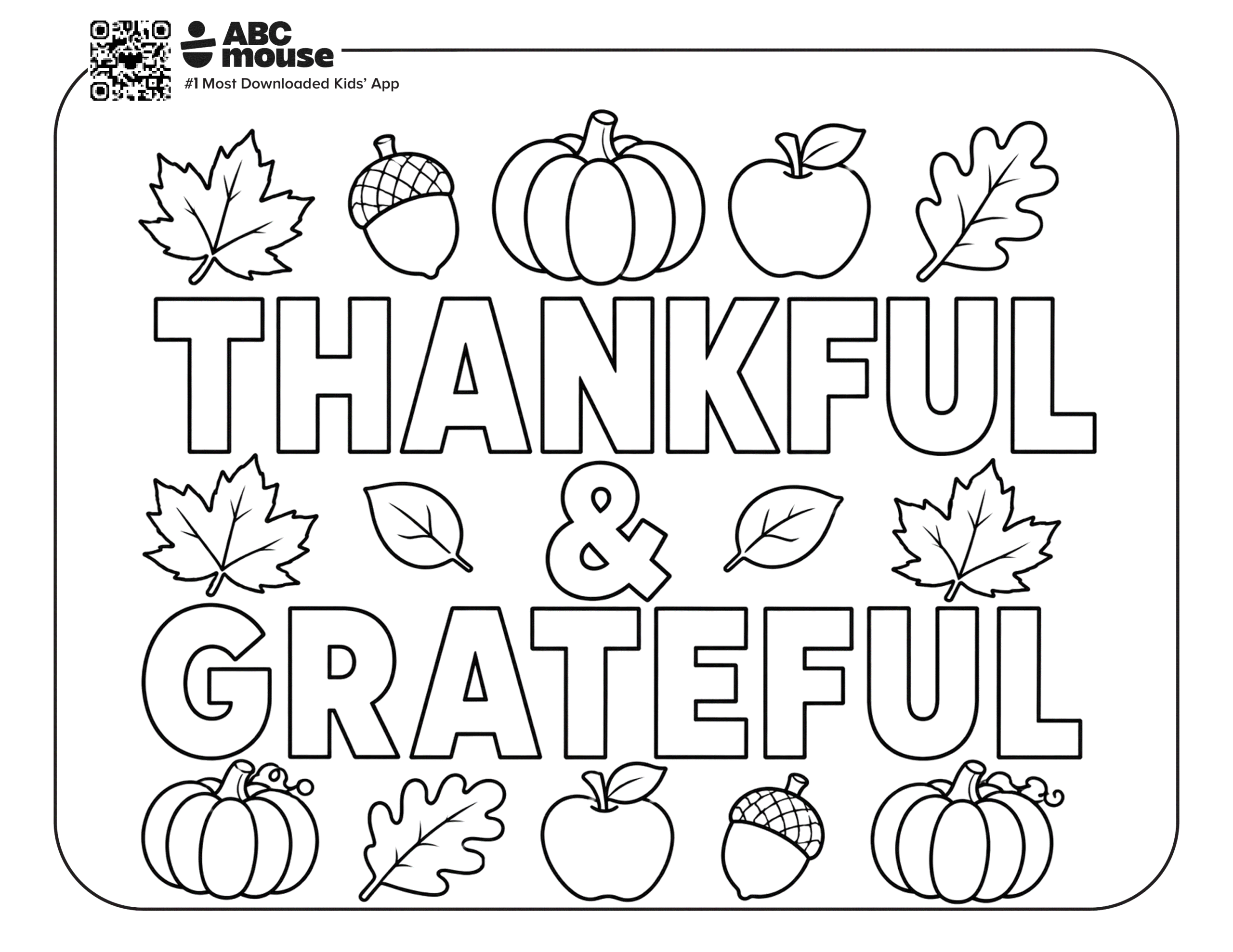 Thankful and Grateful in block letters surrounded by pumpkins leaves and acorns. Free printable coloring page from ABCmouse.com.