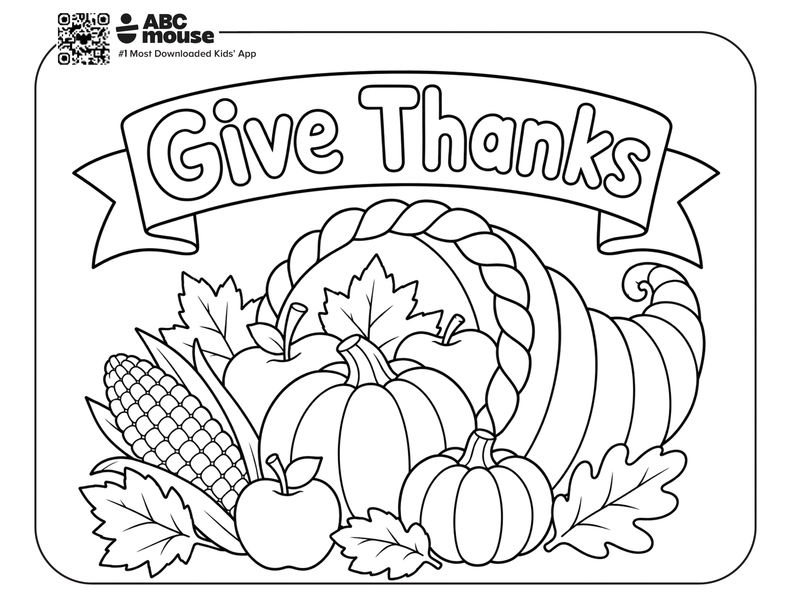 Give Thanks cornucopia with pumpkins, apples, corn, and leaves. Free printable coloring page from ABCmouse.com.