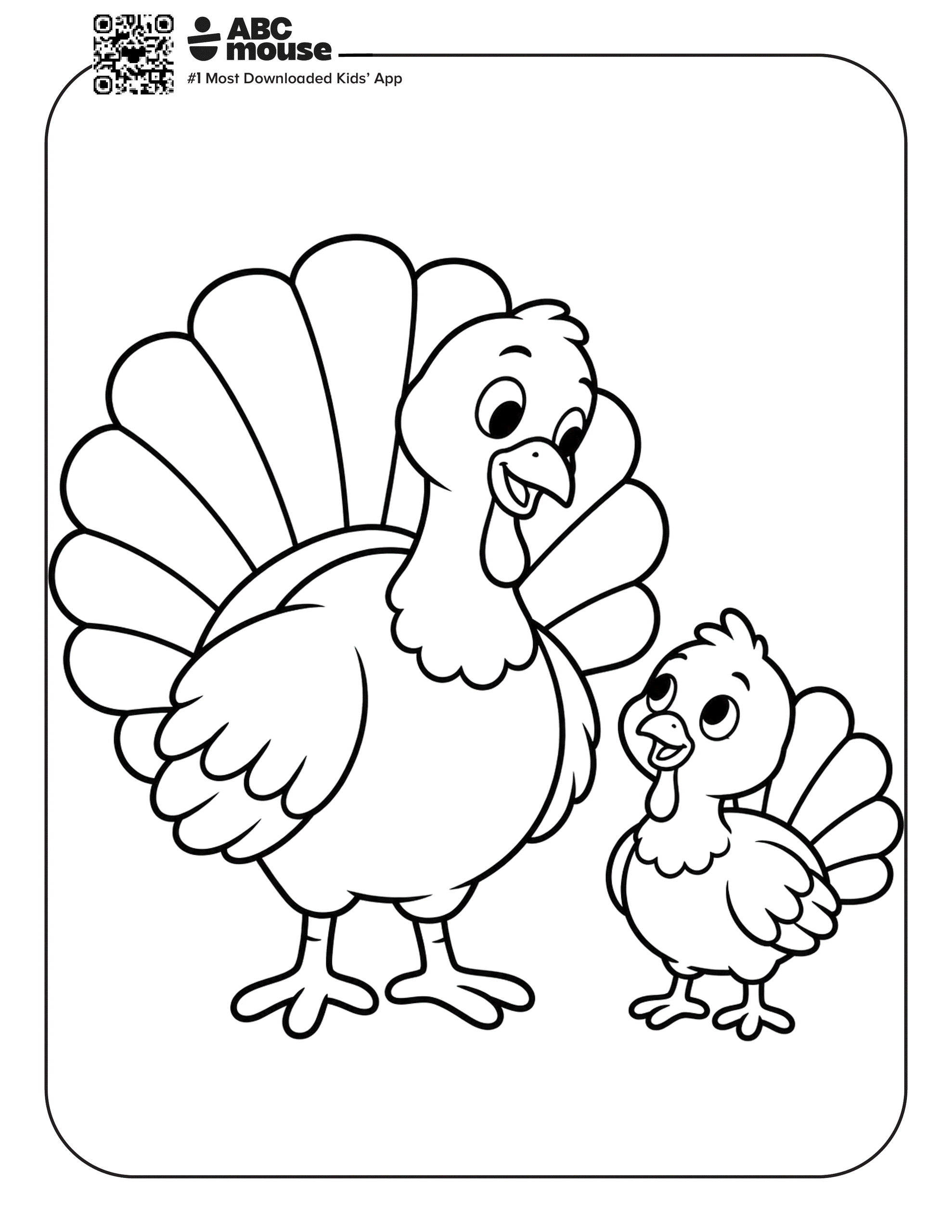 Turkey with baby. Free printable coloring page from ABCmouse.com.