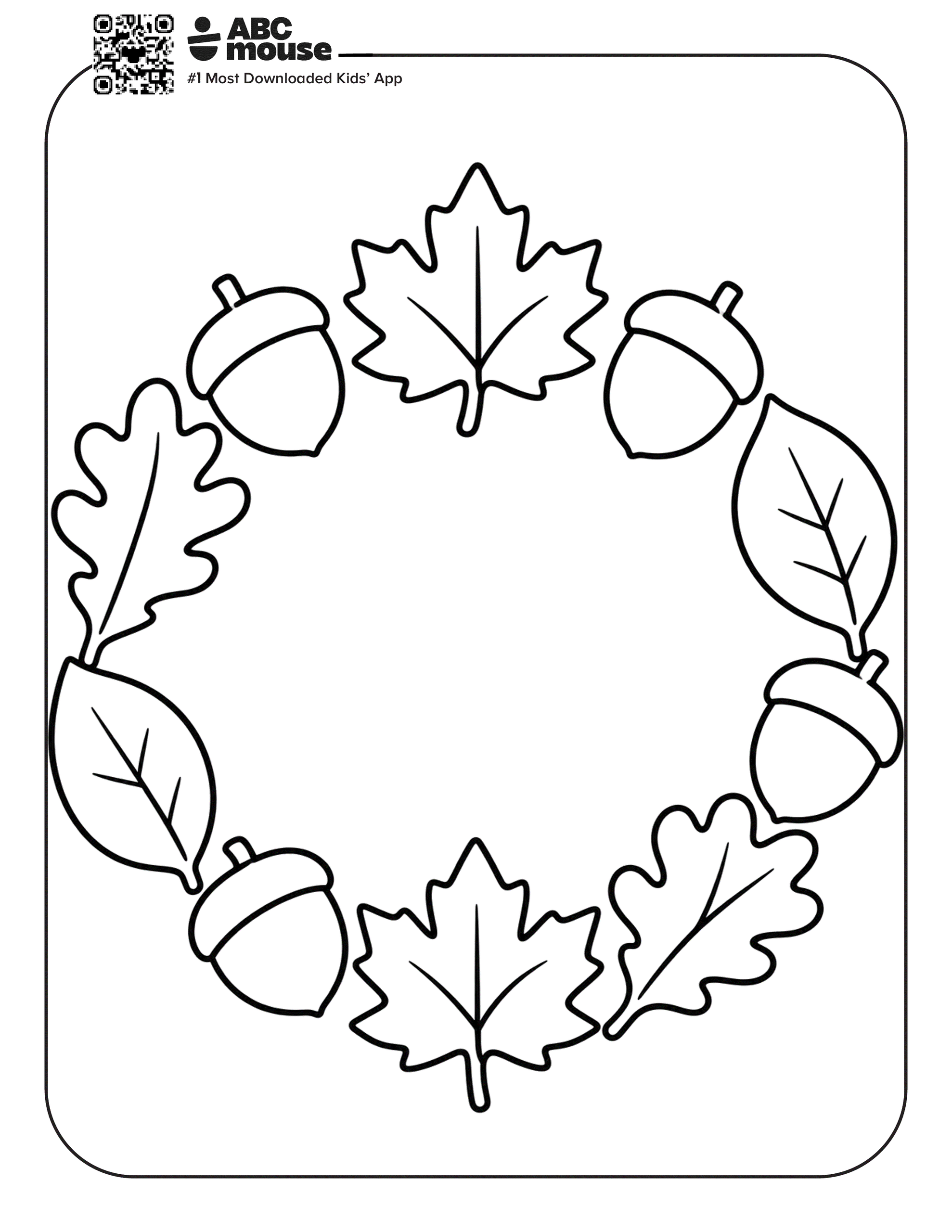 Simple leaves and acorn wreath. Free printable coloring page from ABCmouse.com.