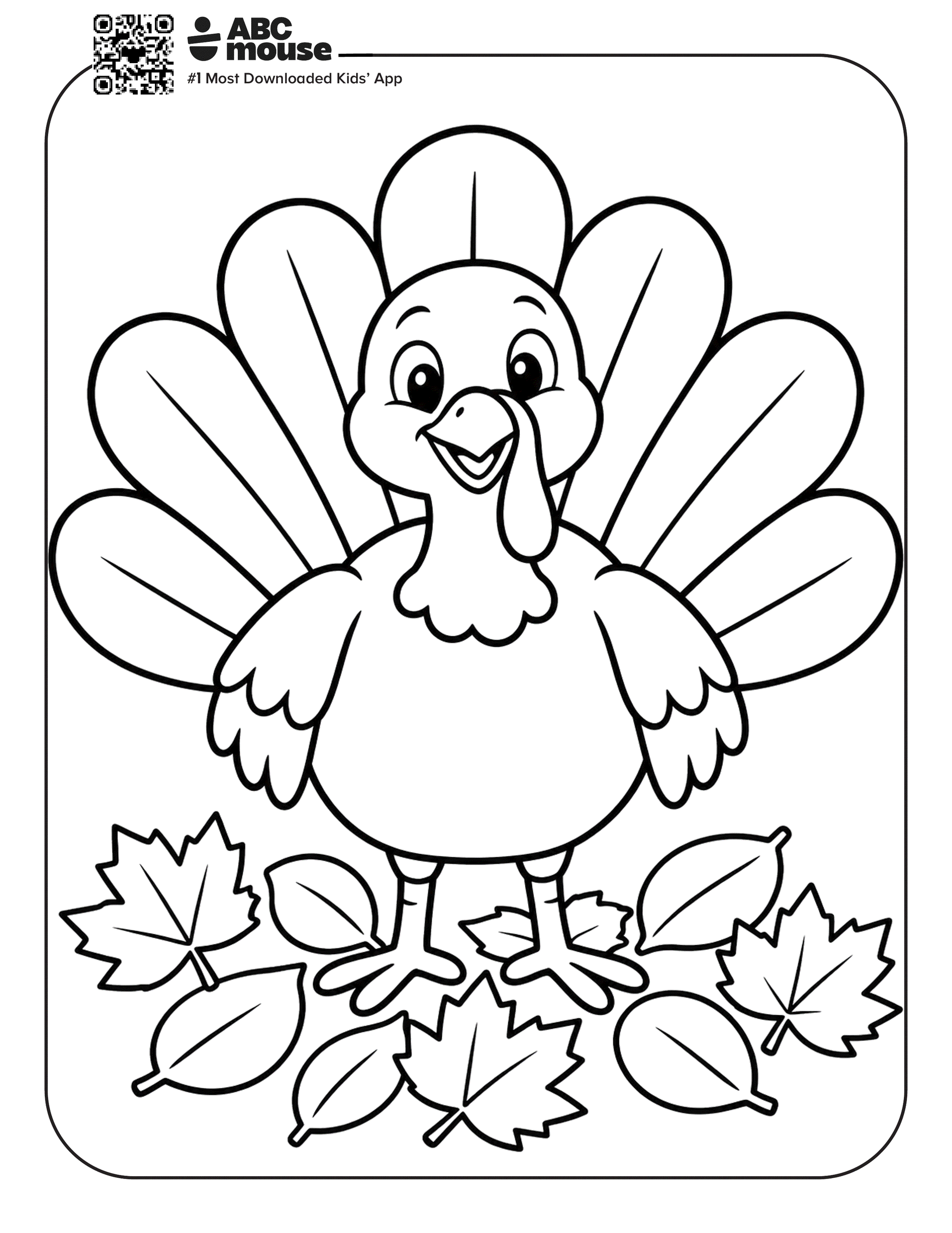 Simple turkey in a pile of leaves. Free printable coloring page from ABCmouse.com.