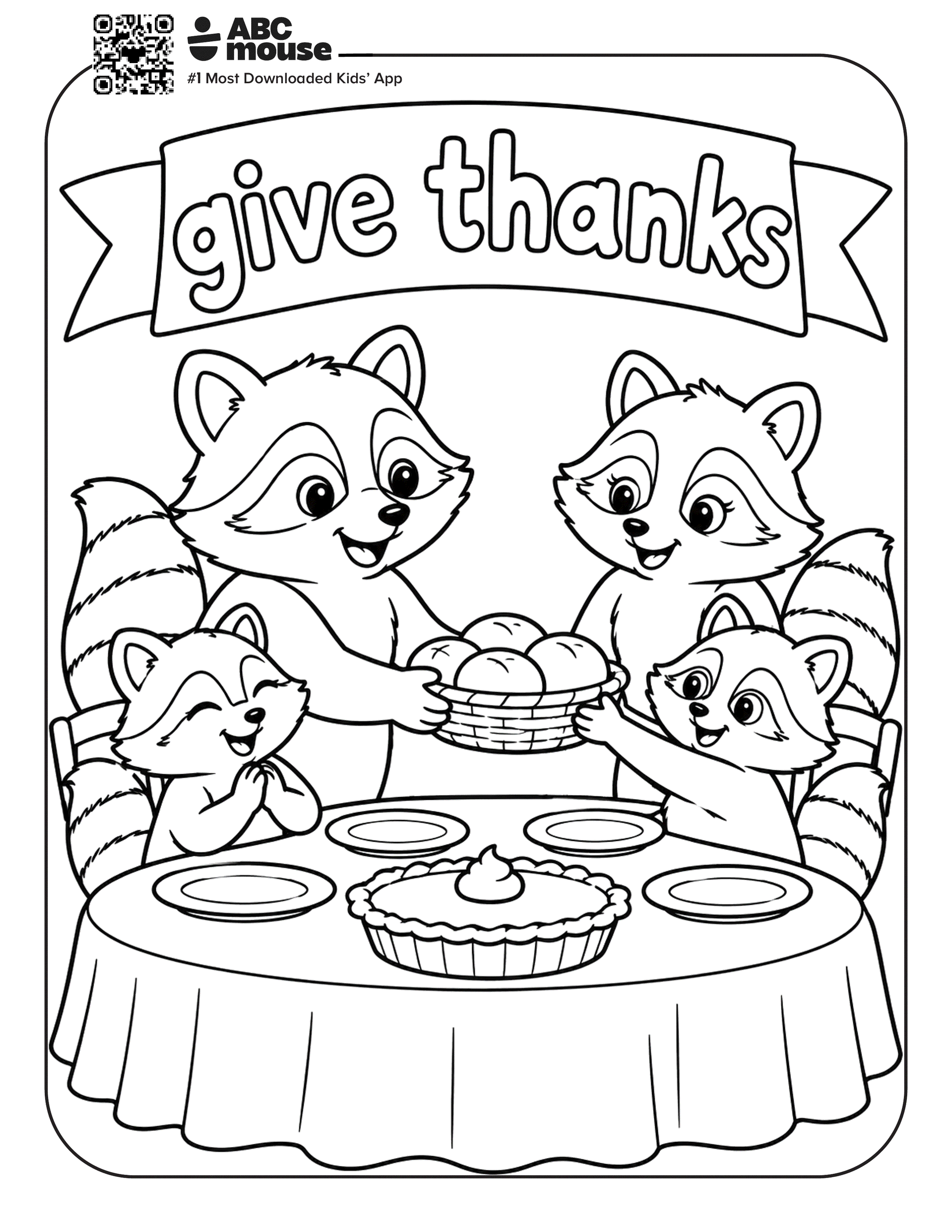 Family of racoons passing Thanksgiving roll around the dinner table. Free printable coloring page from ABCmouse.com.