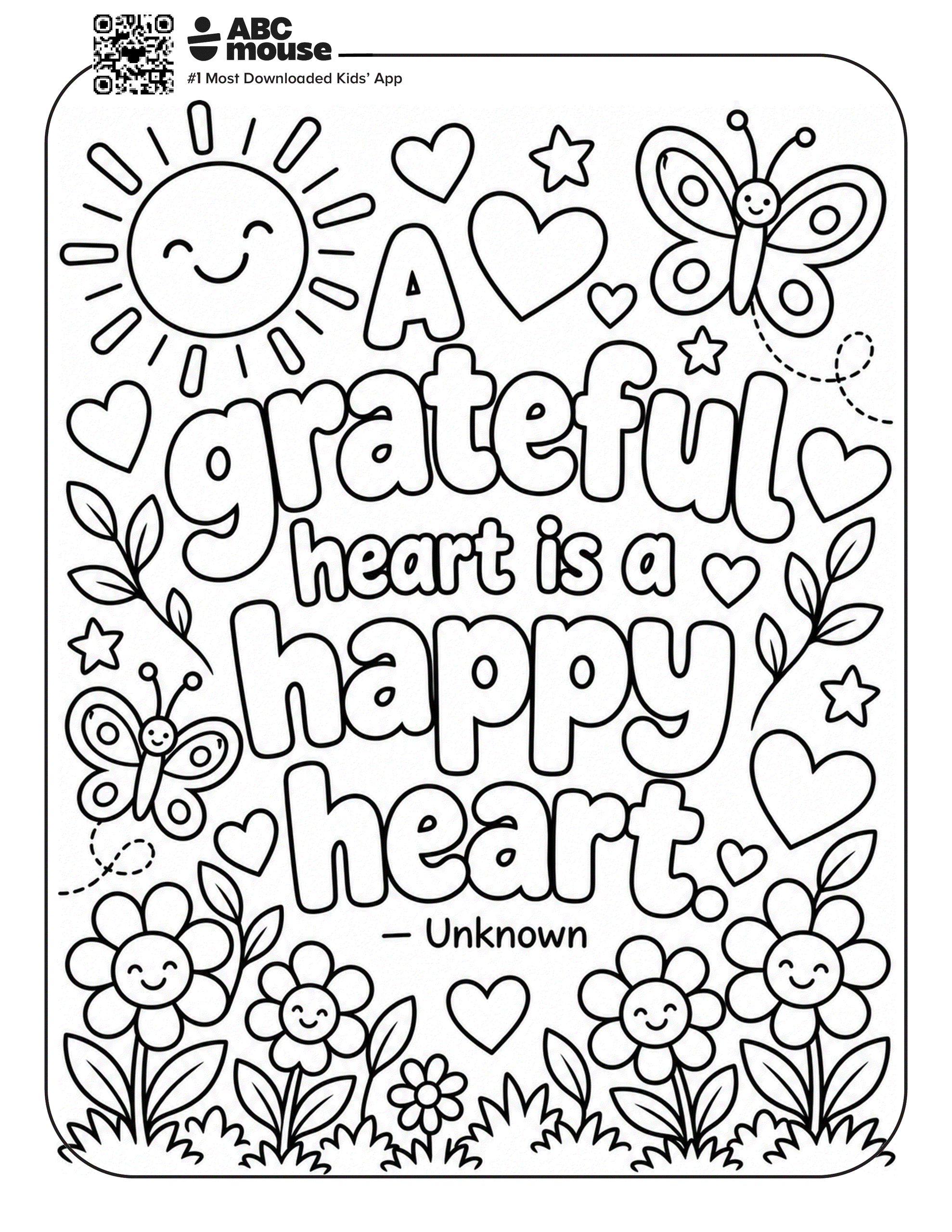 A Grateful Heart coloring page featuring a smiling sun, butterflies, flowers, and the quote A grateful heart is a happy heart.