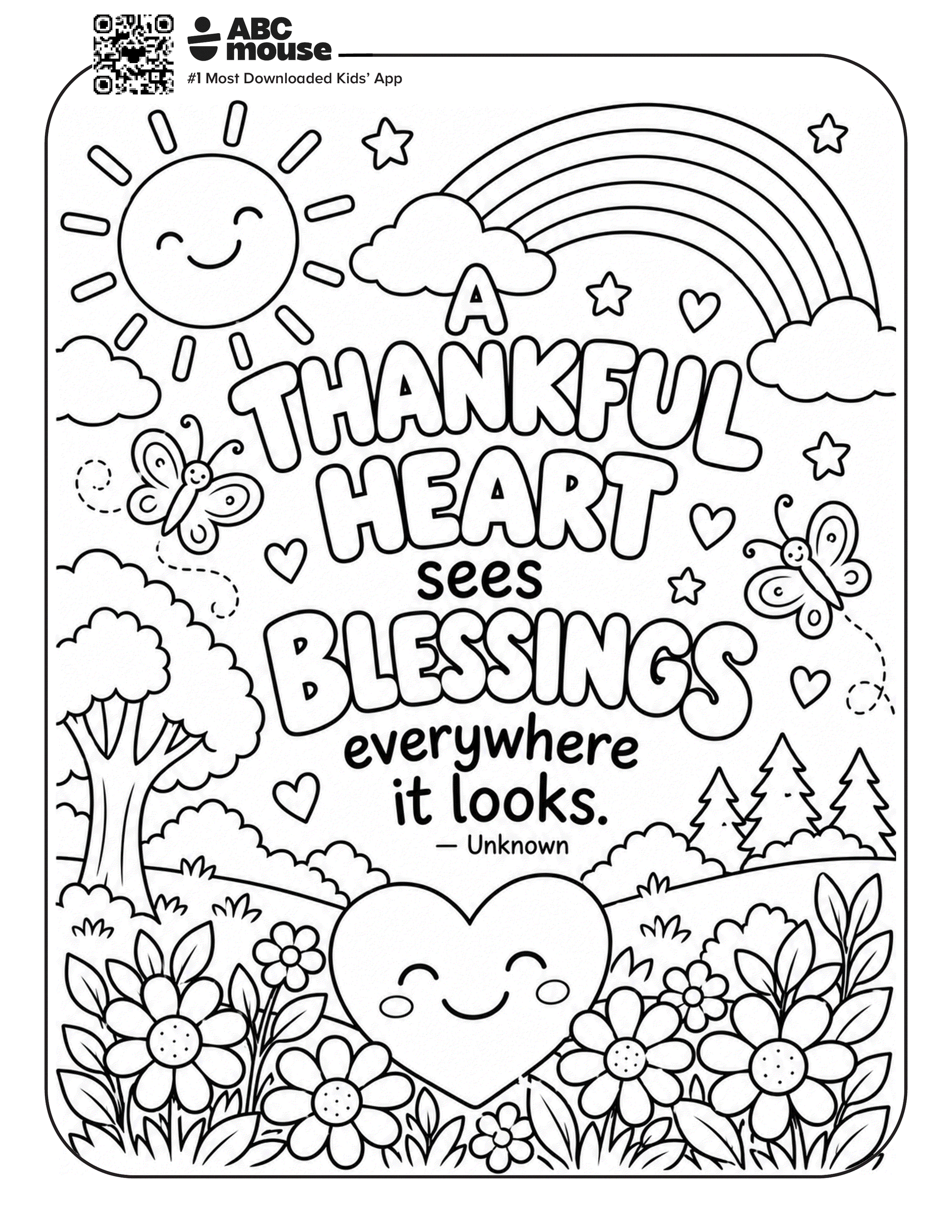A Thankful Heart Sees Blessings coloring page featuring a rainbow, smiling sun, flowers, and butterflies.