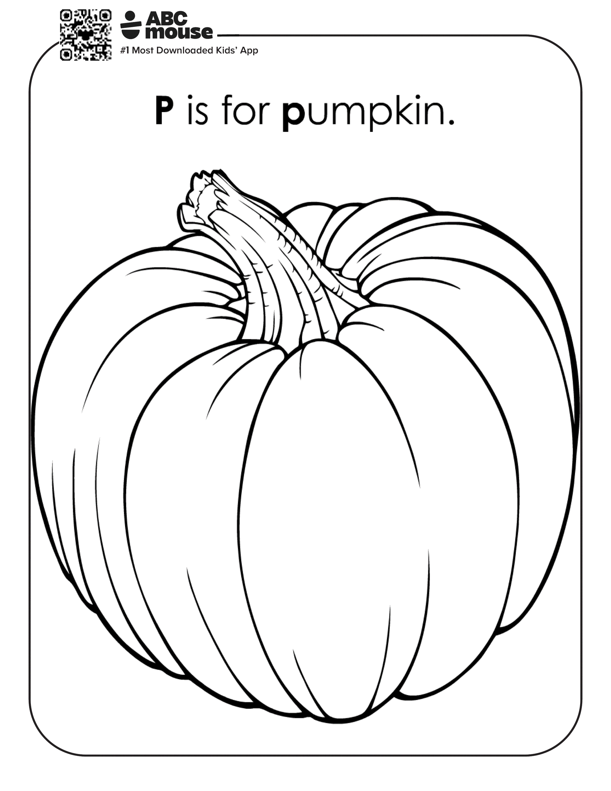 P is for pumpkin. Free printable coloring page from ABCmouse.com.