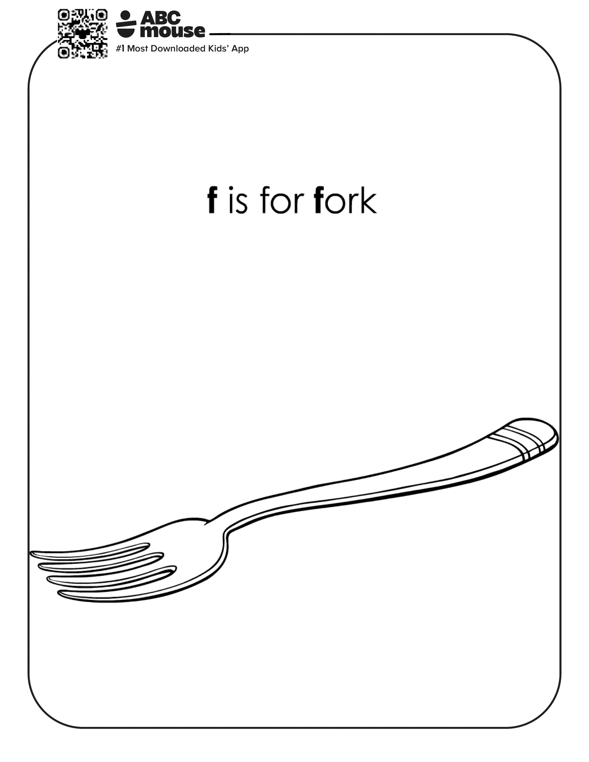 F is for fork. Free printable coloring page from ABCmouse.com.